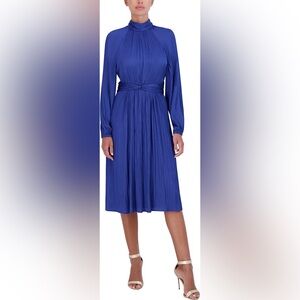BCBGMAXAZRIA  Fit and Flare Midi Dress Long Raglan Sleeve Mock Neck Twist NWT